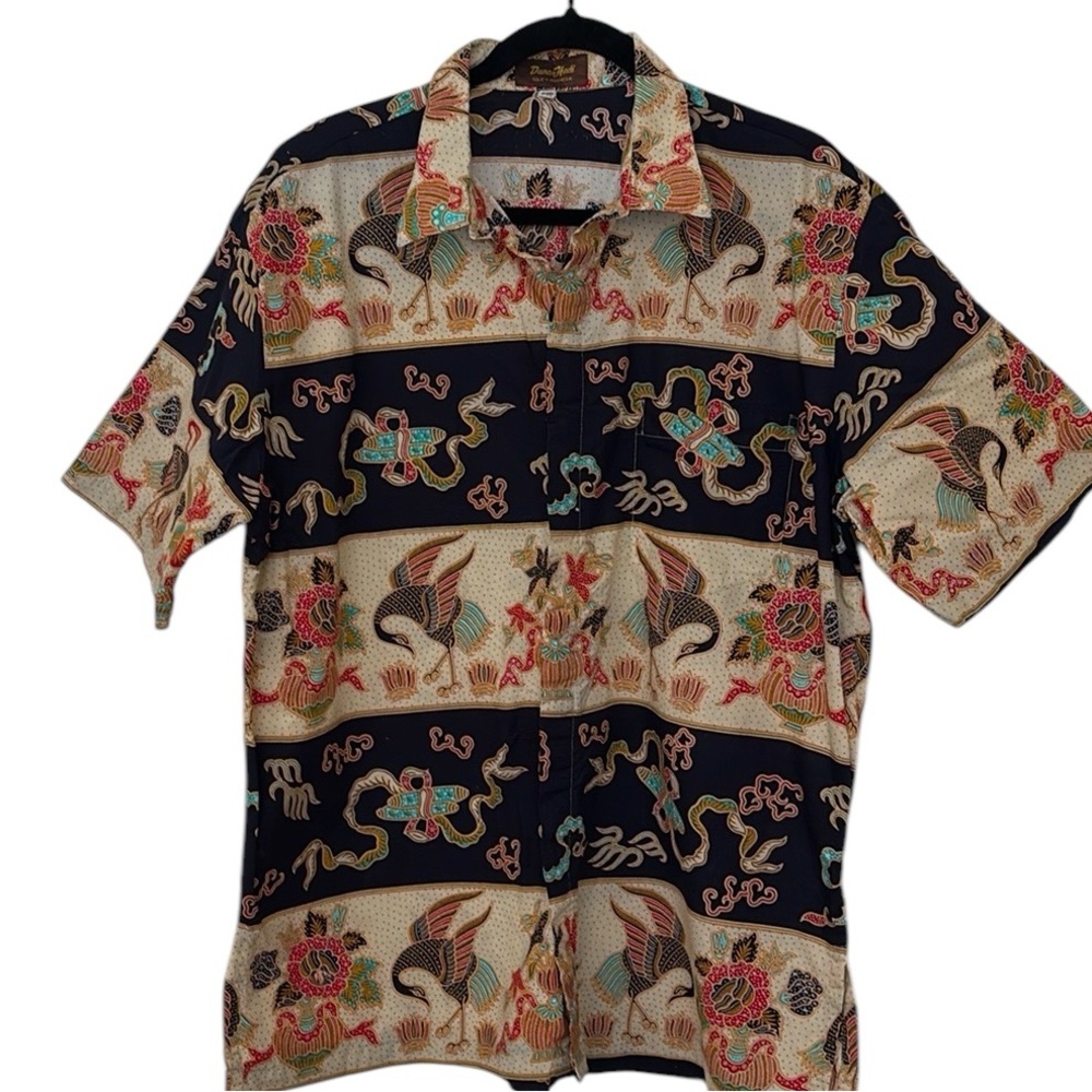 Danar Hadi button front , small flaw, navy/orange/cream print, 17-17.5